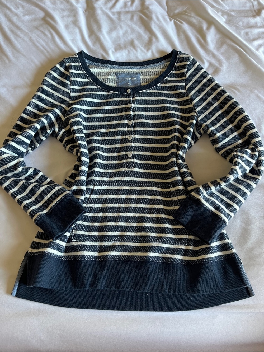 Sonoma Striped Henley Tunic Sweatshirt Dark Navy Blue White Size PS Petite Small